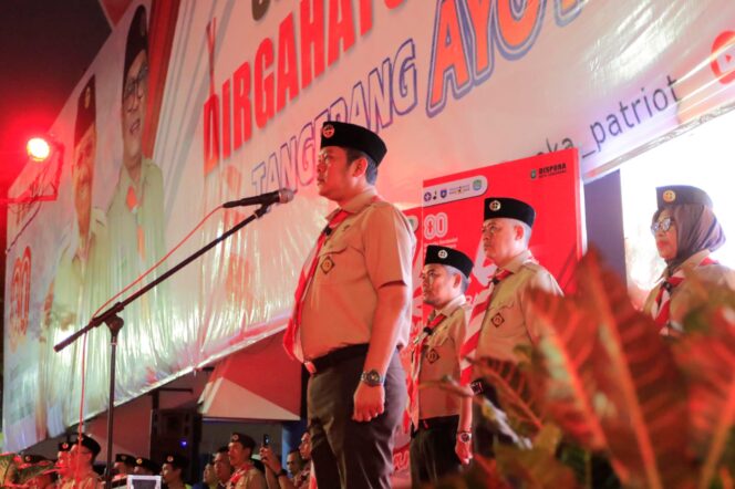 
 Wakil Wali Kota Tangerang Maryono saat memimpin Upacara Renungan Hari Praja Muda Karana (Pramuka) ke-64 tingkat Kwartir Cabang Kota Tangerang. Foto: ist