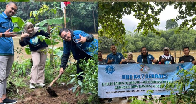 
 Pelaksana tugas (Plt) Ketua Gekrafs Banten, Agung Winarto bersama Pengurus Gekrafs Banten saat aksi Tanam Pohon di Bantaran Sungai Cisadane. Foto: Rud
